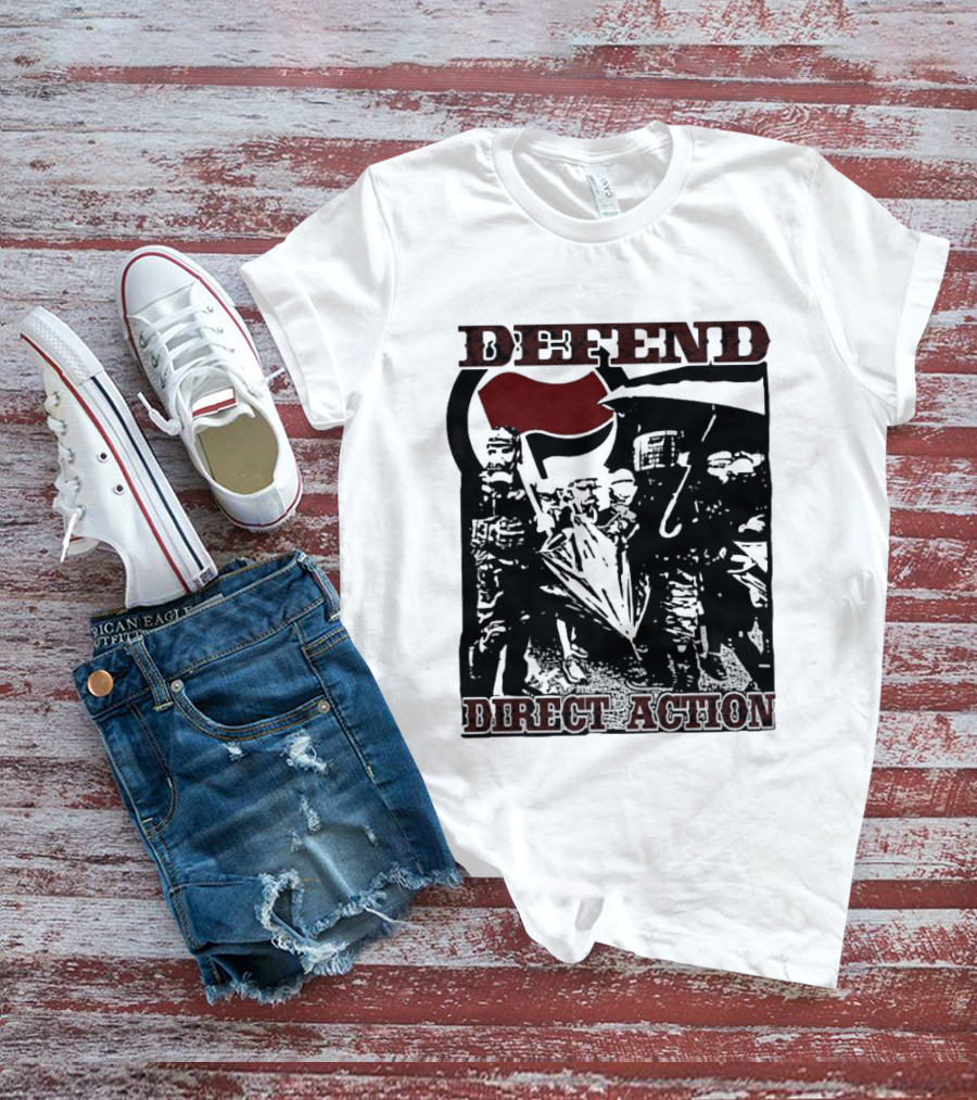 Defend Direct Action Antifa Protest Imagery With Red Flag Iconography T-Shirt