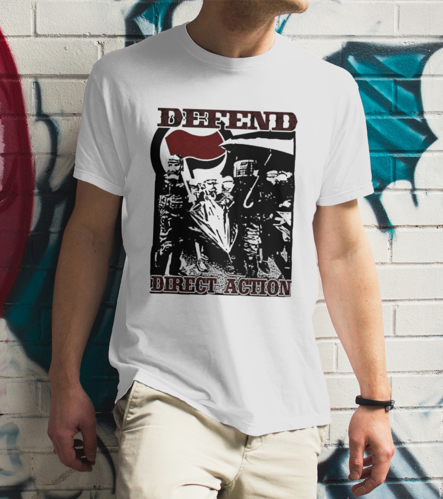 Defend Direct Action Antifa Protest Imagery With Red Flag Iconography T-Shirt