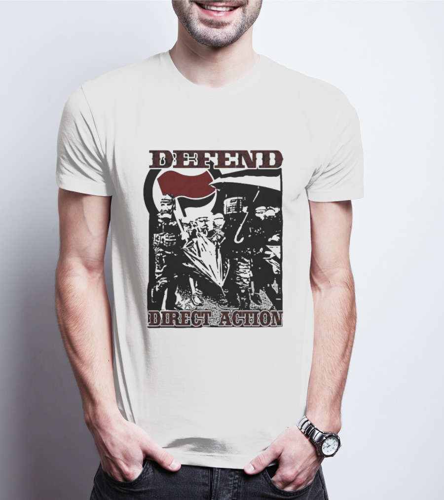 Defend Direct Action Antifa Protest Imagery With Red Flag Iconography T-Shirt