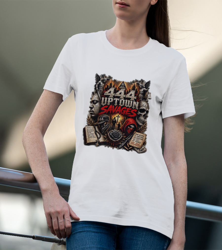 444 Uptown Savages Urban Gothic Art With Skulls And Roses T-Shirt