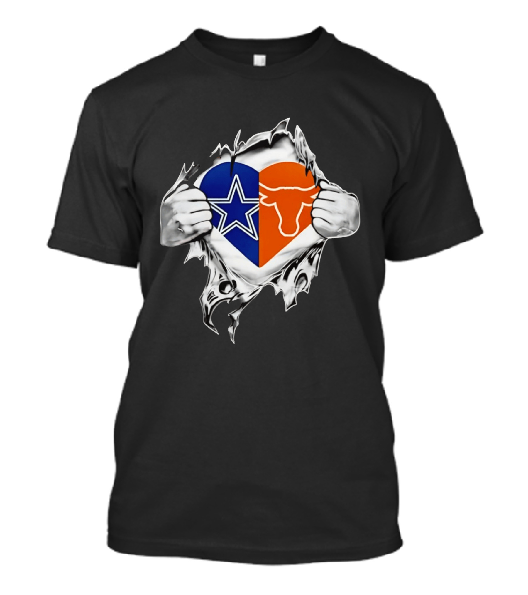 Dallas Cowboys And Texas Longhorns Heart Symbol Tearing T-Shirt