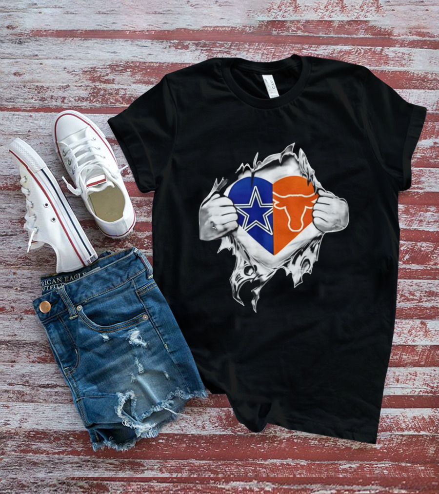 Dallas Cowboys And Texas Longhorns Heart Symbol Tearing T-Shirt