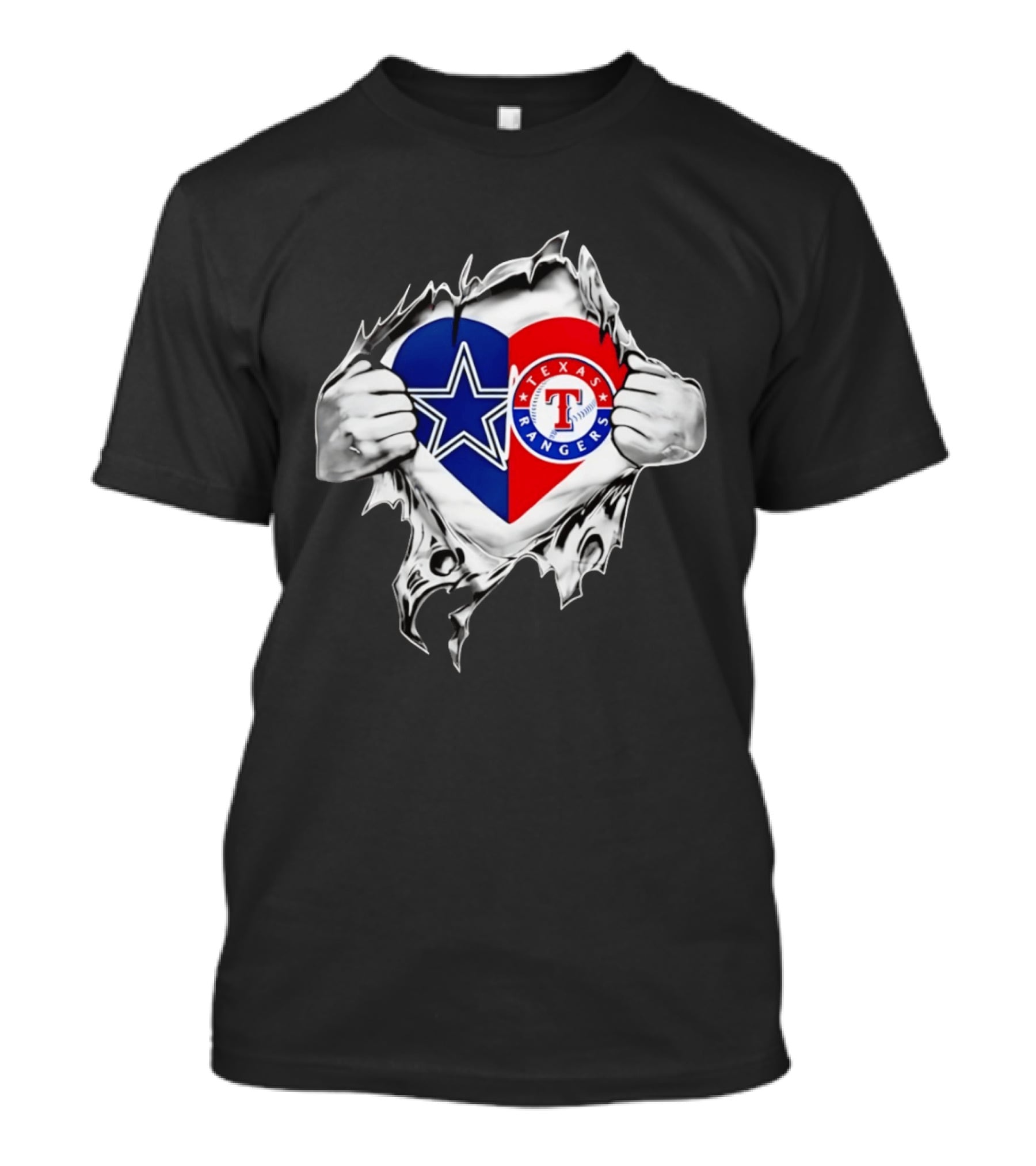 Dallas Cowboys Texas Rangers Heart Torn Open Sports T-Shirt
