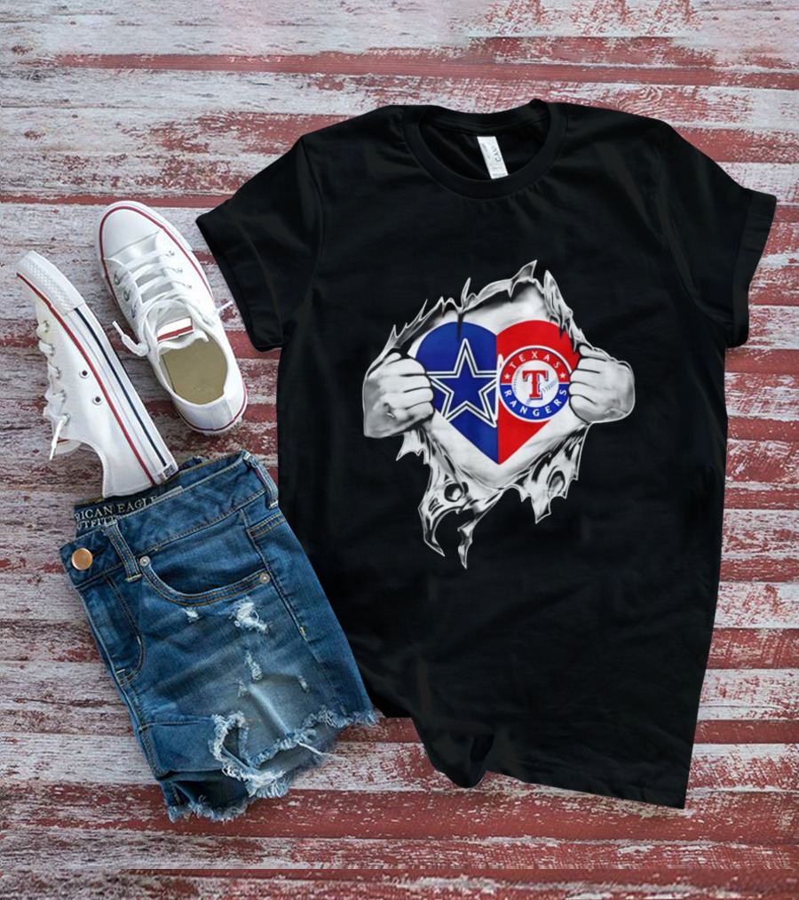 Dallas Cowboys Texas Rangers Heart Torn Open Sports T-Shirt
