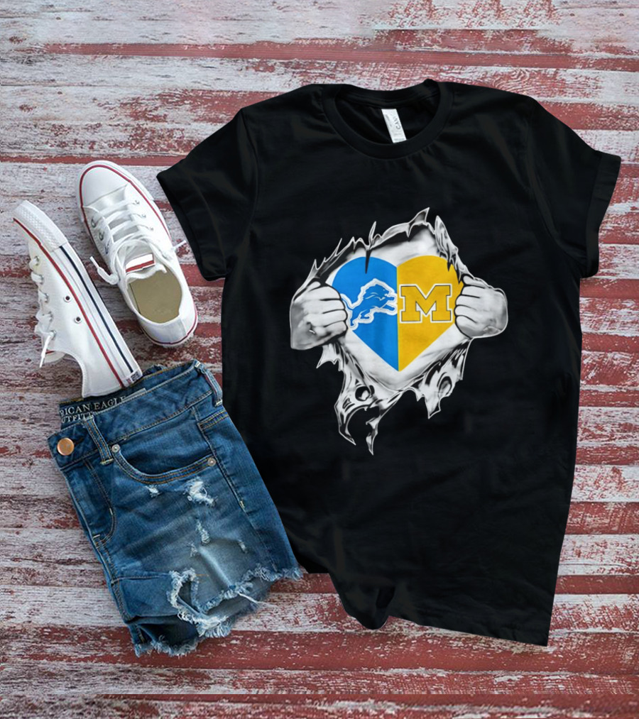 Detroit Lions Michigan Wolverines Heart Torn Reveal T-Shirt