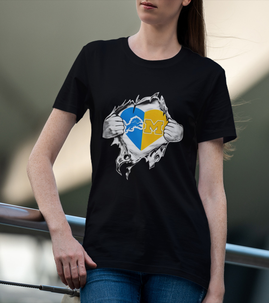Detroit Lions Michigan Wolverines Heart Torn Reveal T-Shirt