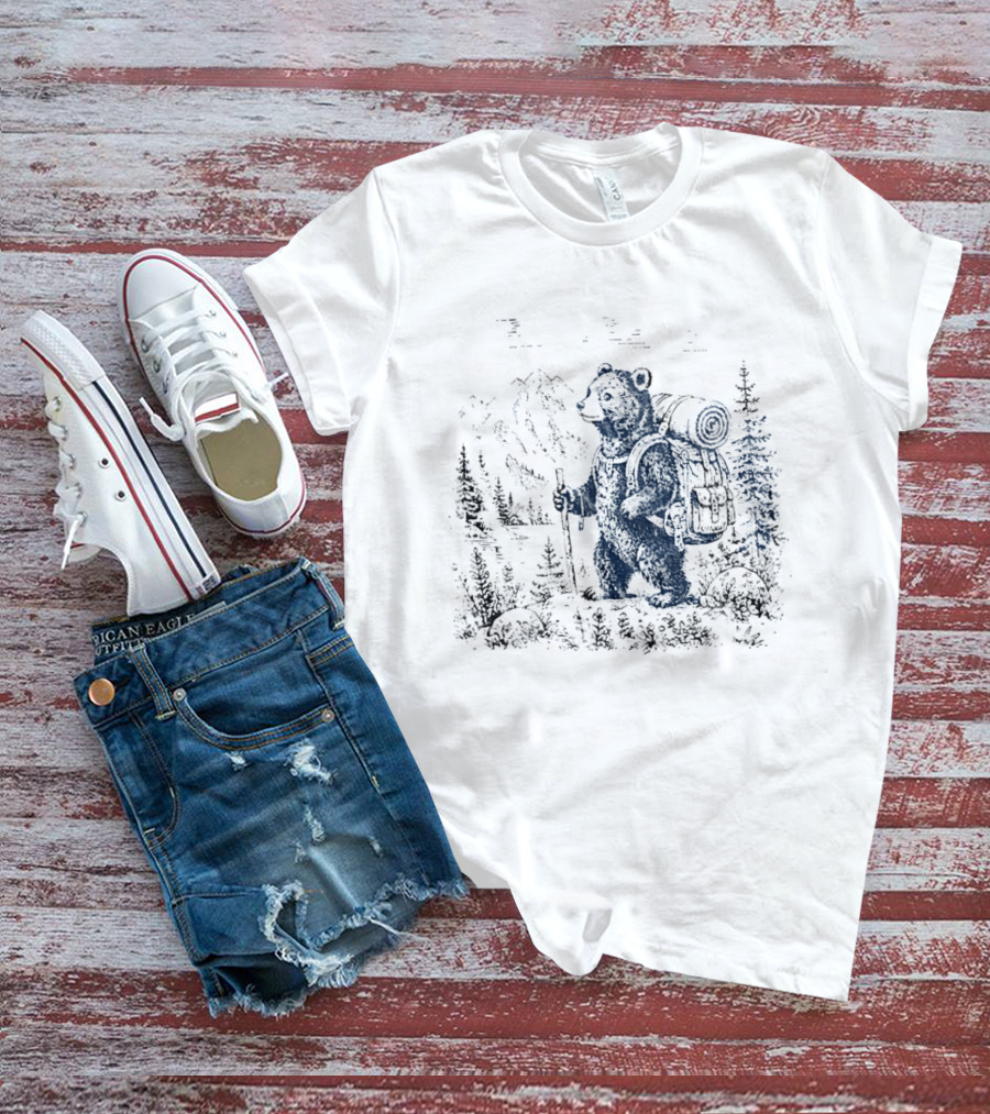 Hiking Bear Trekking Adventure With Backpack And Walking Stick Mountain Forest Scene T-Shirt