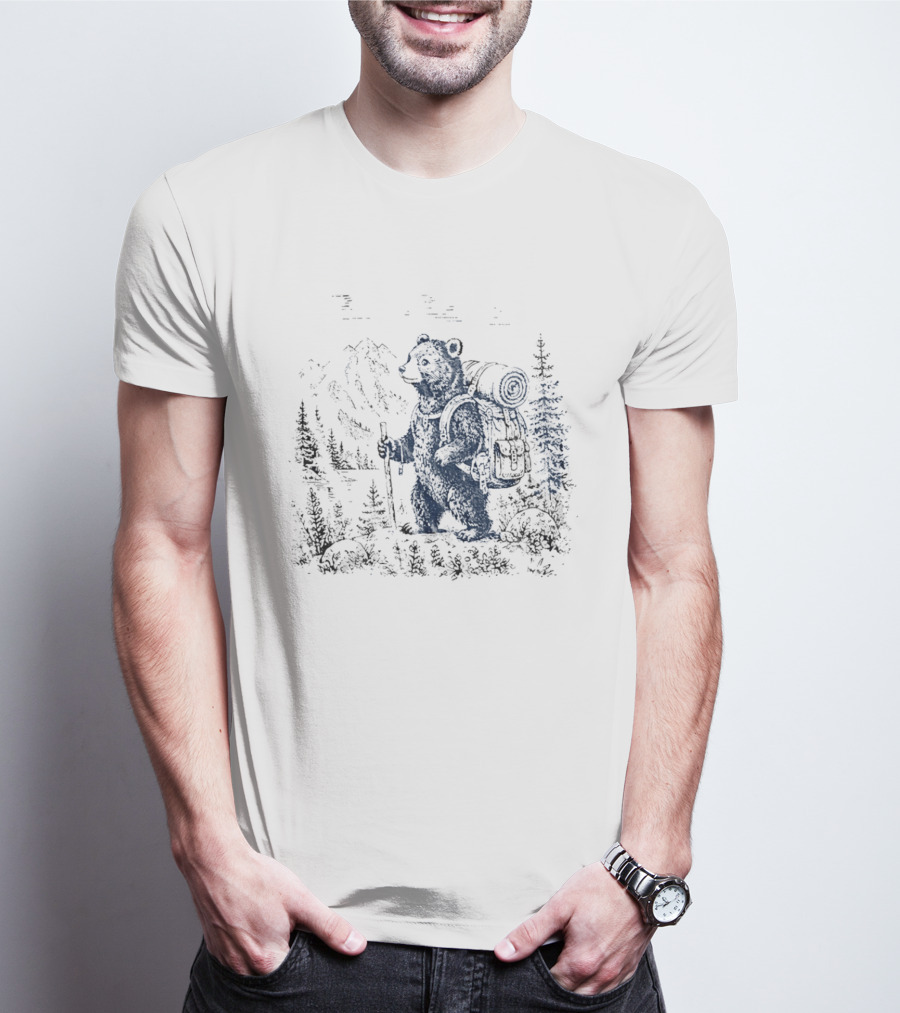 Hiking Bear Trekking Adventure With Backpack And Walking Stick Mountain Forest Scene T-Shirt