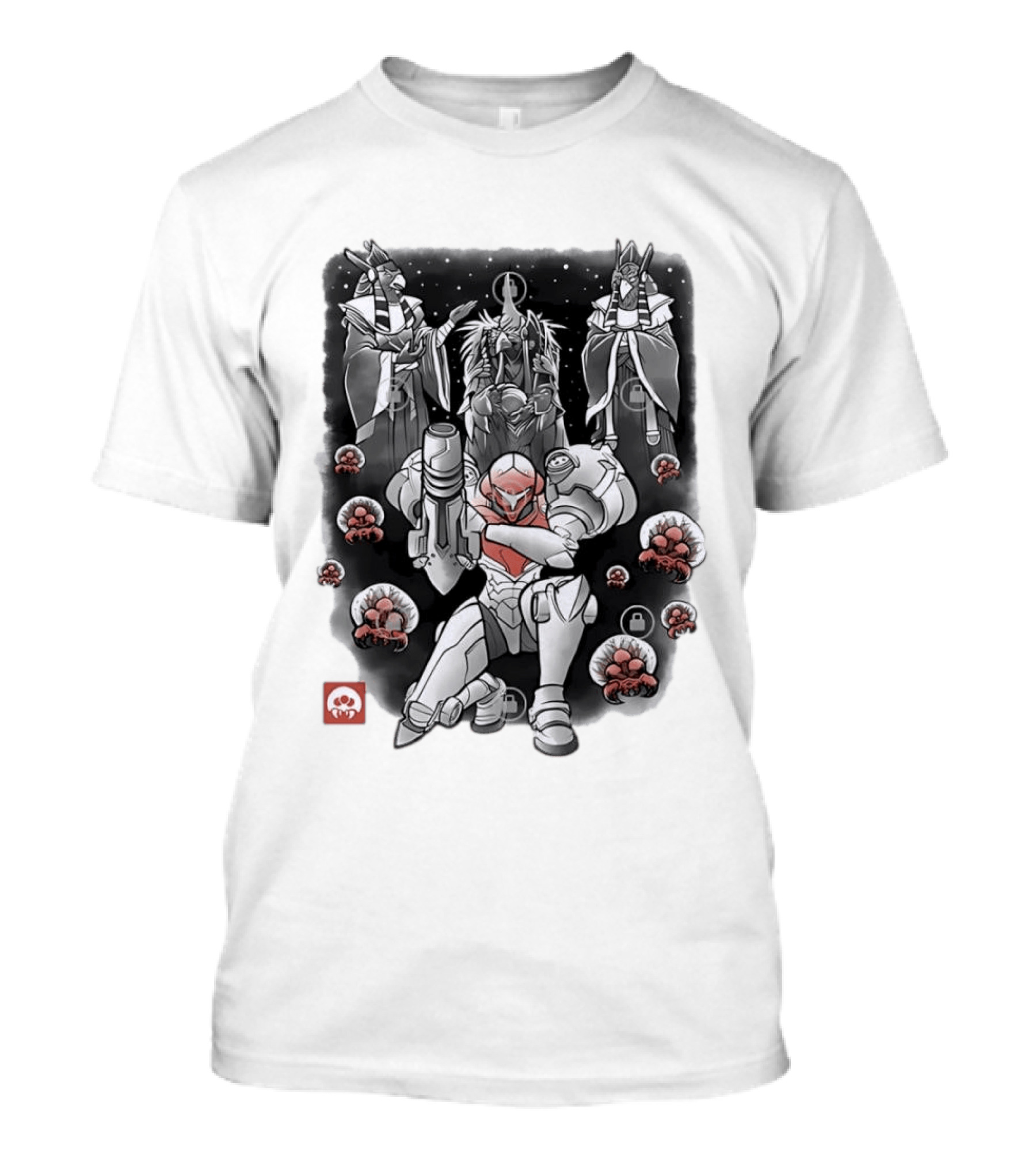 Samus Aran Metroid Sumi E Style Battle Pose With Chozo And Metroids T-Shirt