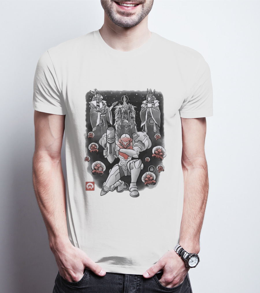 Samus Aran Metroid Sumi E Style Battle Pose With Chozo And Metroids T-Shirt