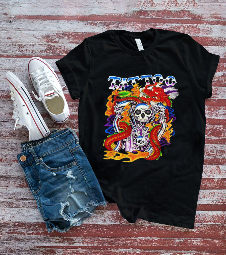 Tattoo Brand Dragon Skull Motorcycle Engine Flames T-Shirt