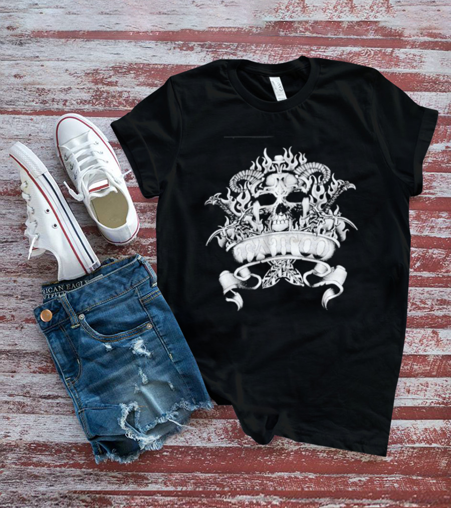 Skull With Horns And Flames Daggers Grim Reaper Tattoo T-Shirt