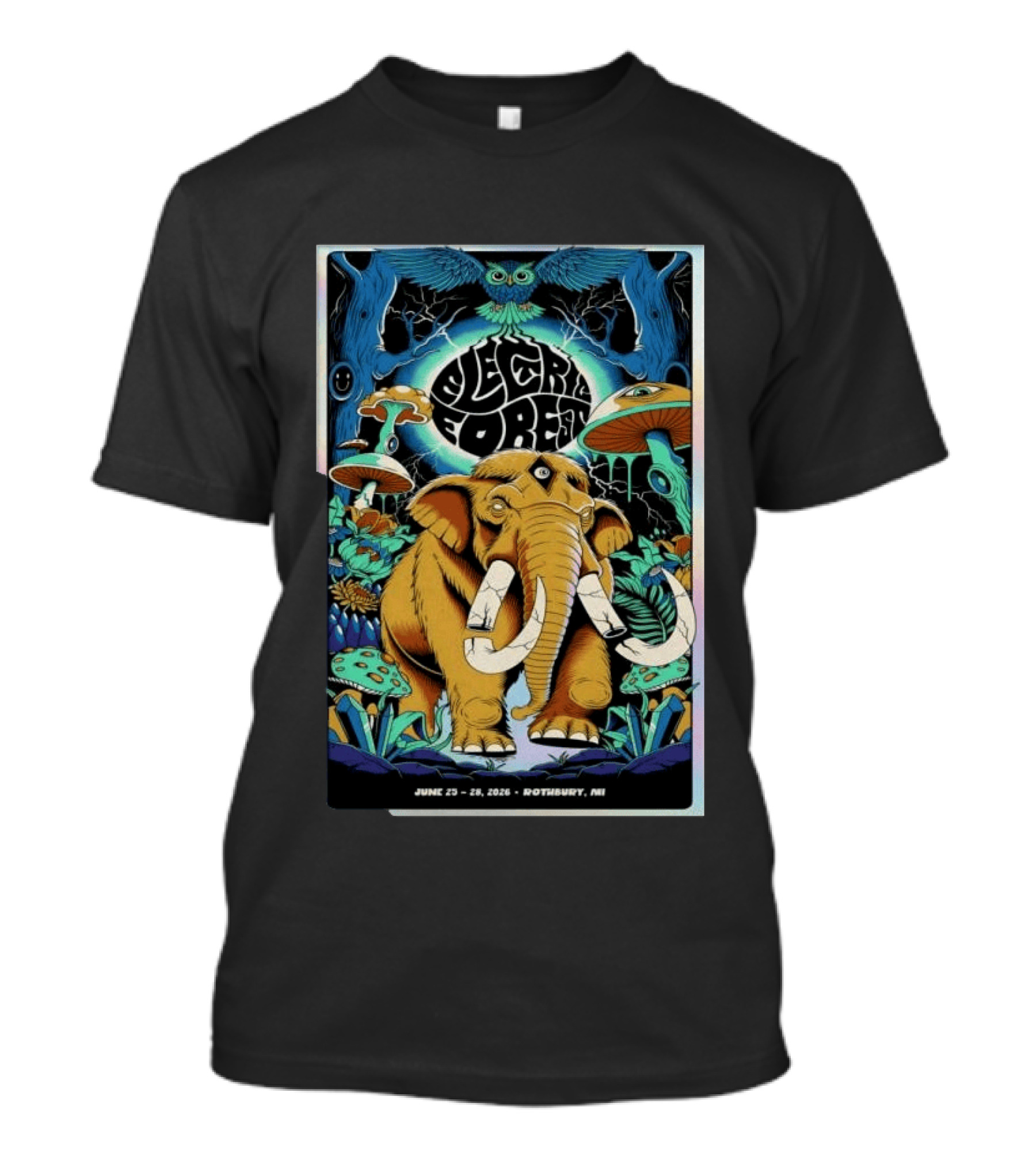 Electric Forest June 25 28 2026 Rothbury MI Elephant Blue Owl Psychedelic Mushrooms T-Shirt