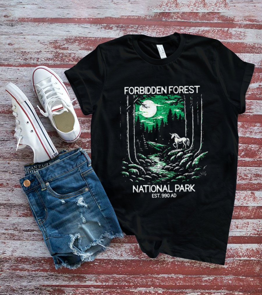 Forbidden Forest National Park Est 990 AD Moonlit Unicorn Scene T-Shirt