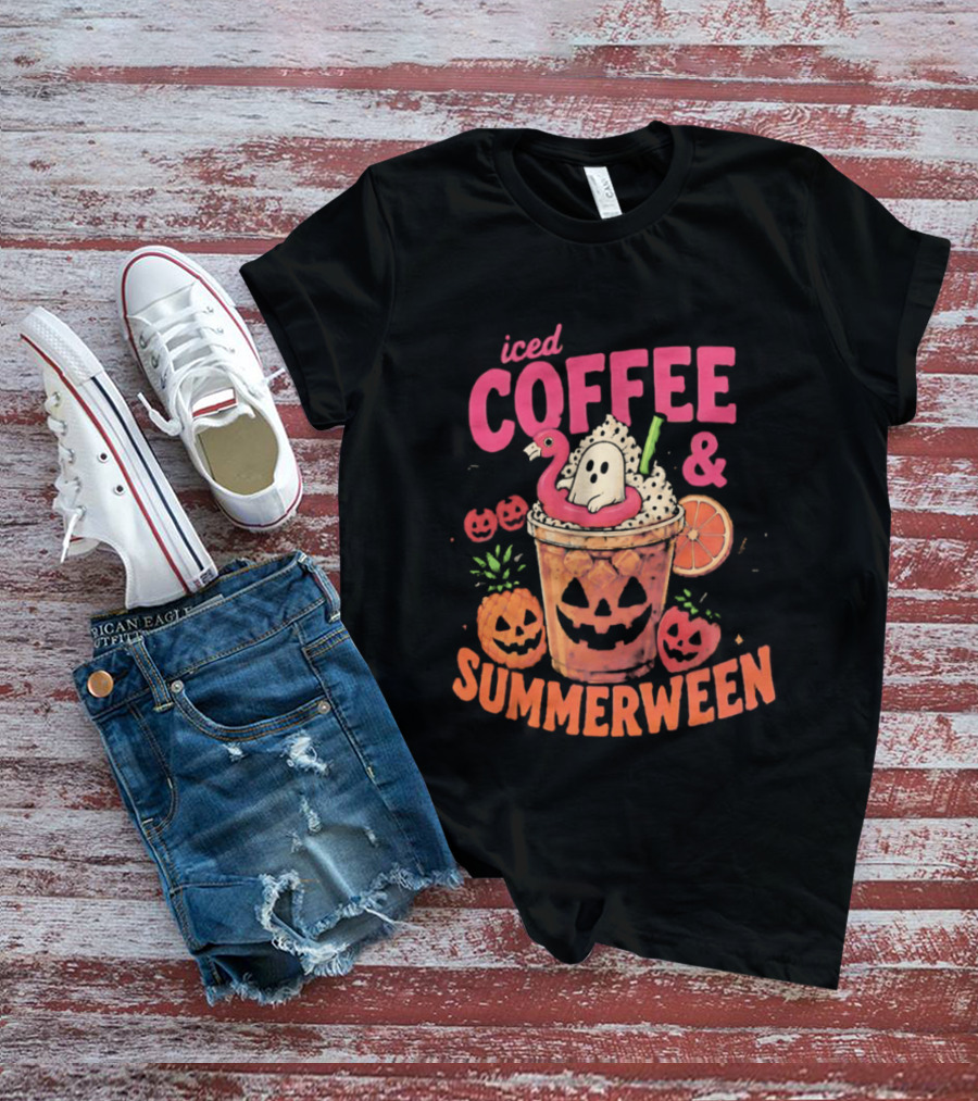 Iced Coffee And Summerween Spooky Tropical Fruit Halloween Jack O' Lantern Drink T-Shirt