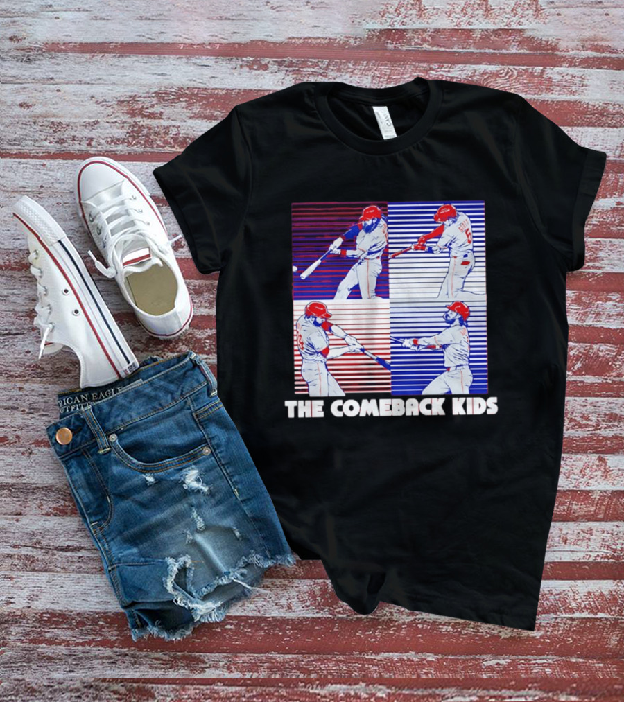 Philadelphia Phillies The Comeback Kids Striped Baseball Swinging Players T-Shirt