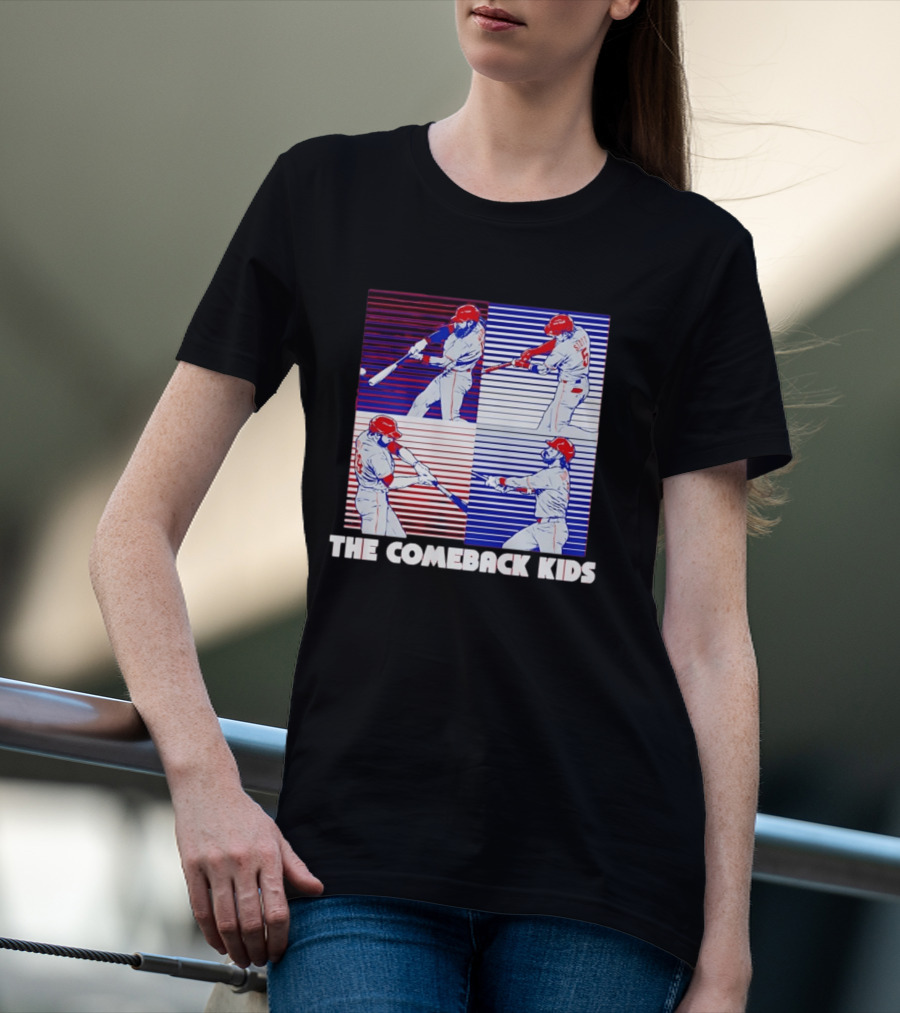 Philadelphia Phillies The Comeback Kids Striped Baseball Swinging Players T-Shirt