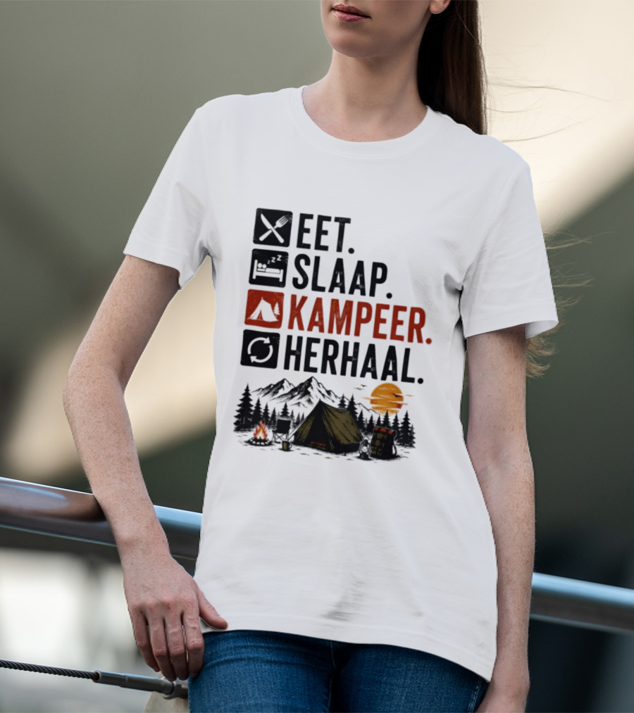 Eet Slaap Kampeer Herhaal Camping Tent Mountains Campfire Sunset T-Shirt