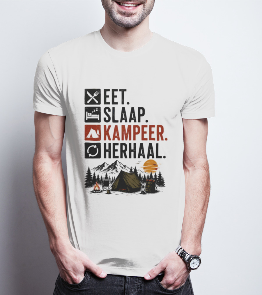Eet Slaap Kampeer Herhaal Camping Tent Mountains Campfire Sunset T-Shirt