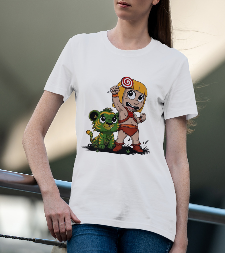 Jungle Kid Holding Lollipop With Playful Tiger Cub T-Shirt