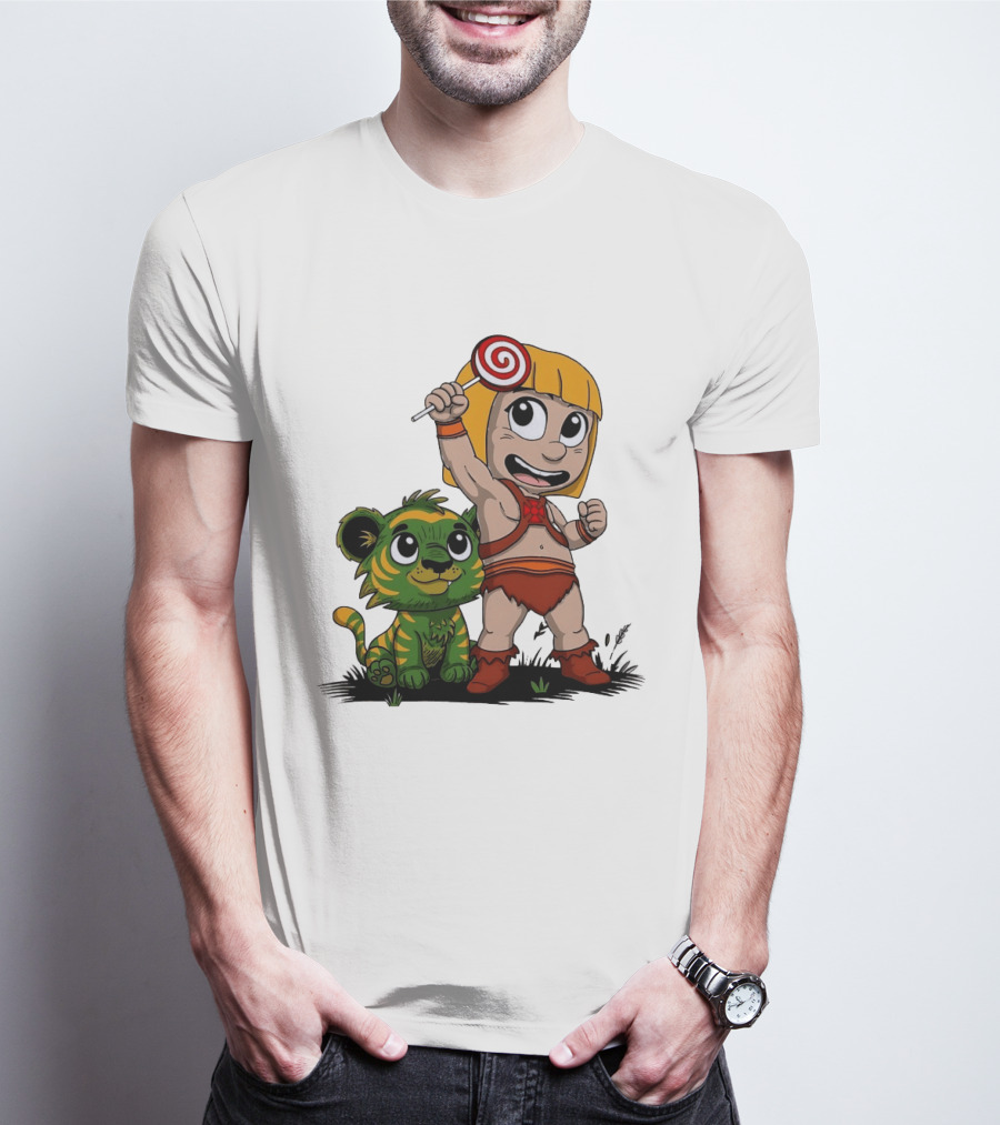 Jungle Kid Holding Lollipop With Playful Tiger Cub T-Shirt