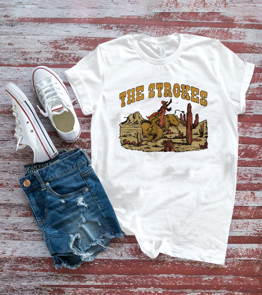 The Strokes Cowboy Riding Cheetah Desert Scene Classic Western T-Shirt
