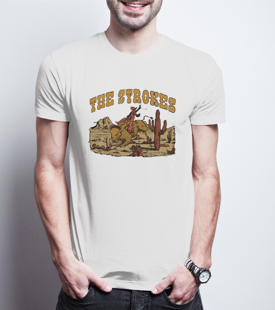 The Strokes Cowboy Riding Cheetah Desert Scene Classic Western T-Shirt