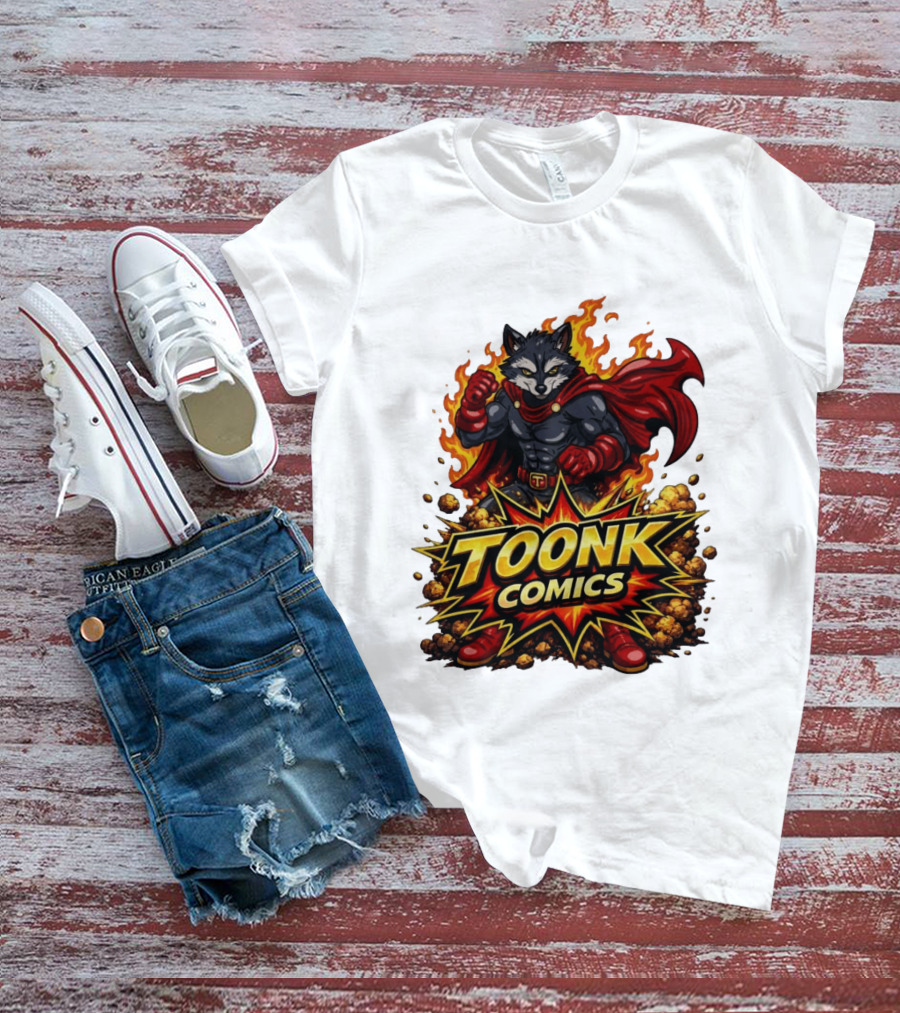 Toonk Comics Superhero Raccoon With Fiery Cape T-Shirt