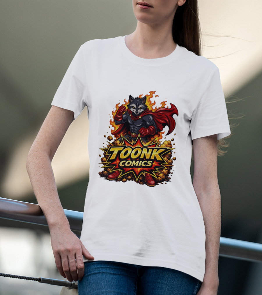 Toonk Comics Superhero Raccoon With Fiery Cape T-Shirt