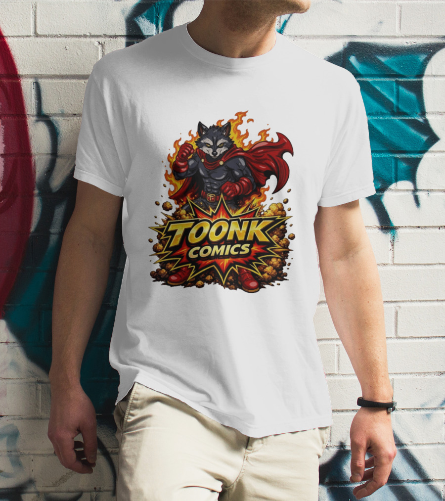 Toonk Comics Superhero Raccoon With Fiery Cape T-Shirt