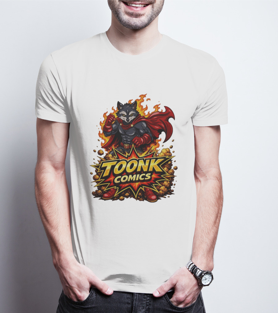 Toonk Comics Superhero Raccoon With Fiery Cape T-Shirt