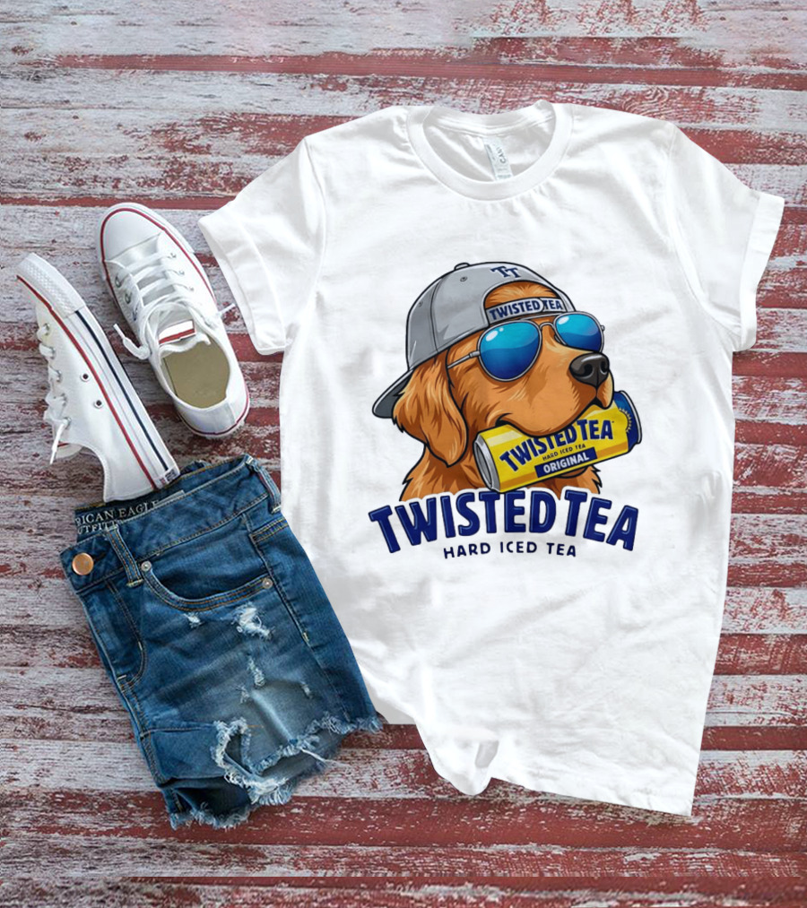 Twisted Tea Hard Iced Tea Golden Retriever With Can And Sunglasses T-Shirt