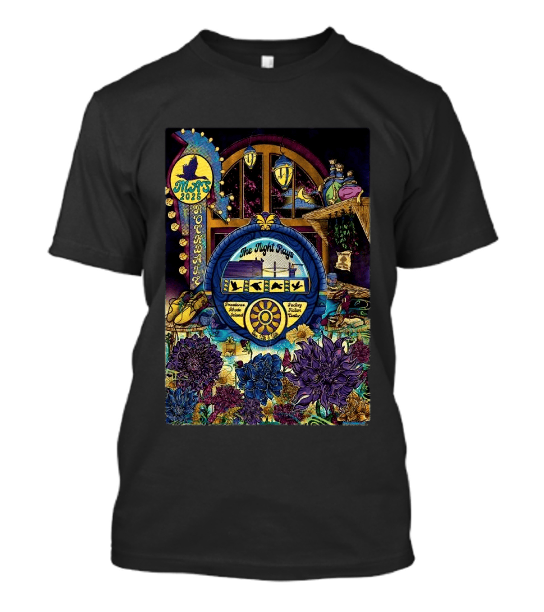 Rockadame Mats 2025 The Night Rays Providence Rhode Island Factory Ticket Center T-Shirt