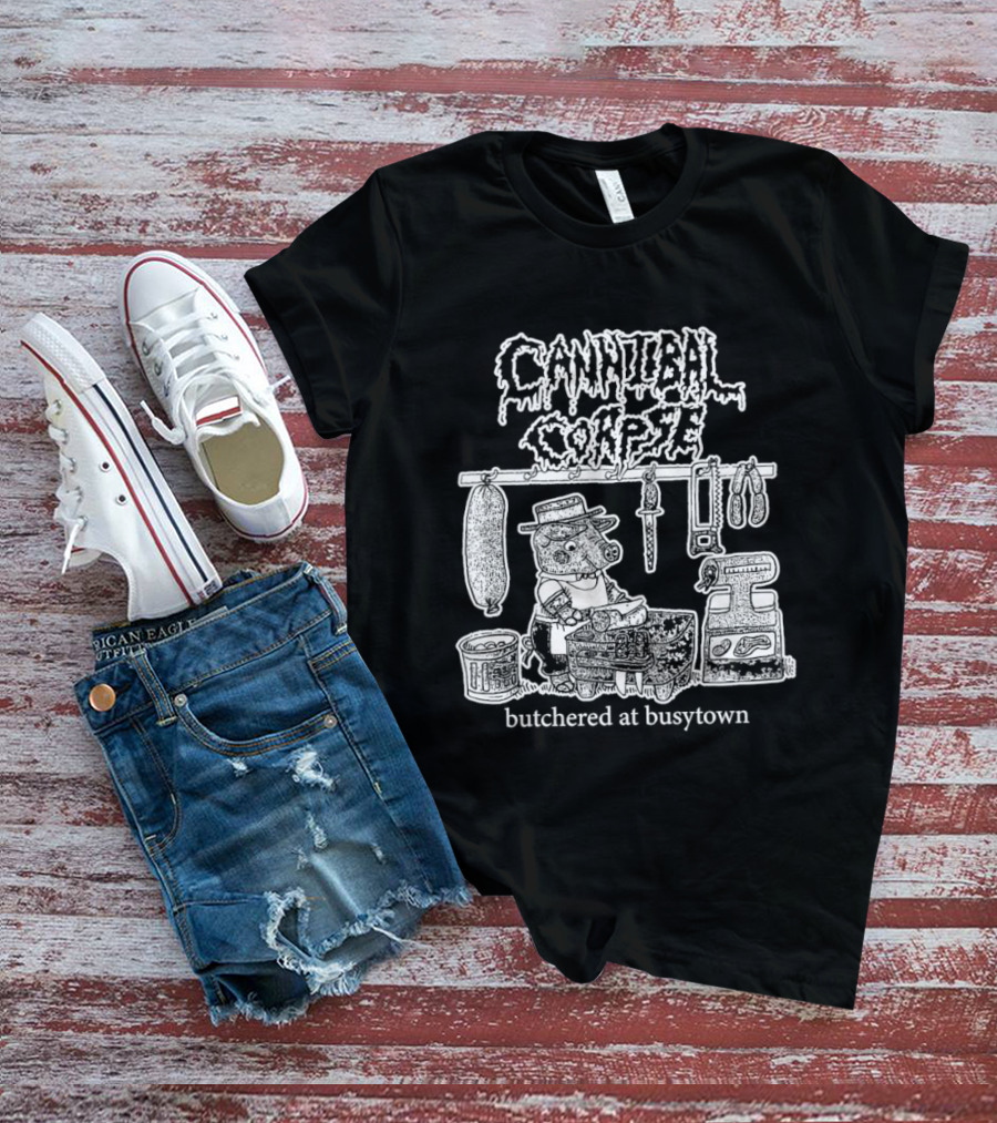 Cannibal Corpse Butchered At Busytown Graphic With Cartoon Butcher Scene T-Shirt