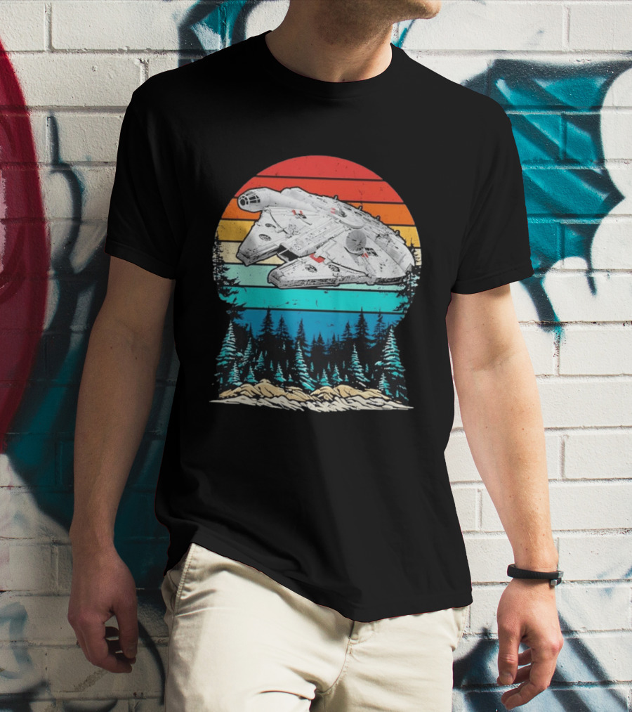 Millennium Falcon Endor Sunset Forest Scene T-Shirt