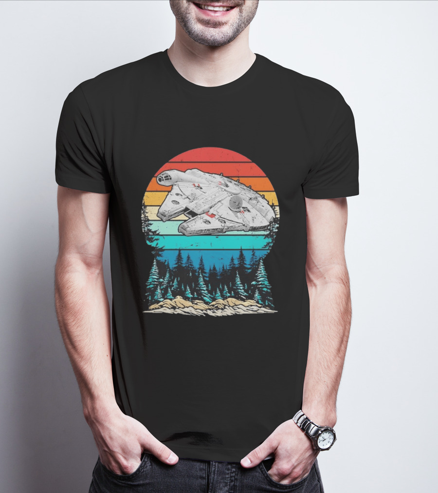 Millennium Falcon Endor Sunset Forest Scene T-Shirt