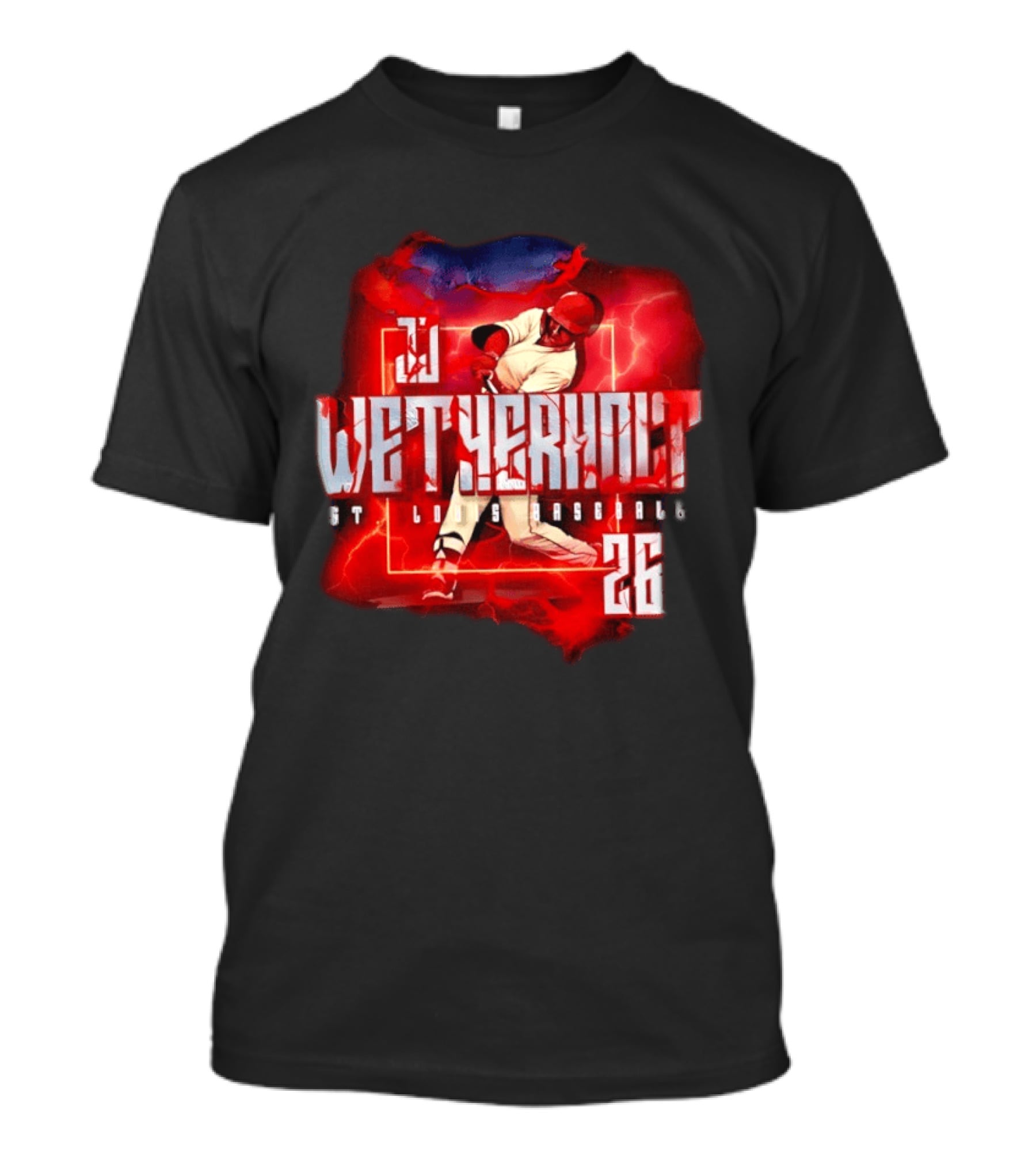 JJ Wetherholt 26 St. Louis Baseball Slugger Swing Lightning T-Shirt