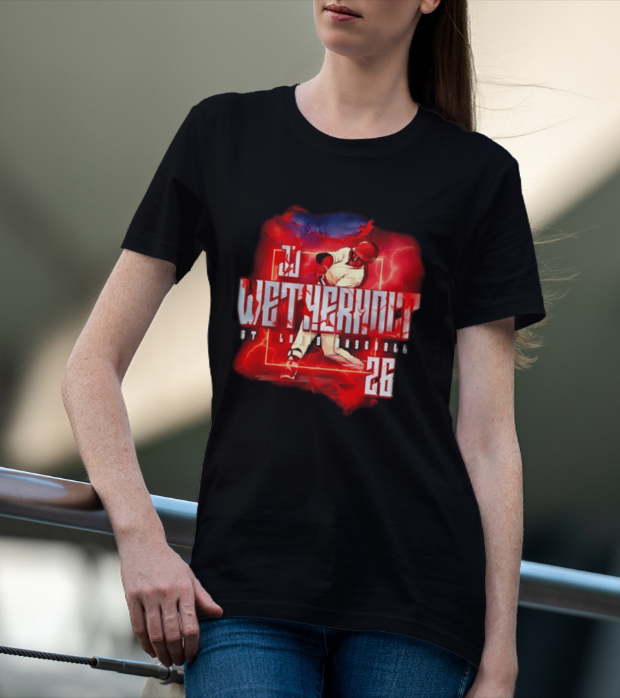 JJ Wetherholt 26 St. Louis Baseball Slugger Swing Lightning T-Shirt