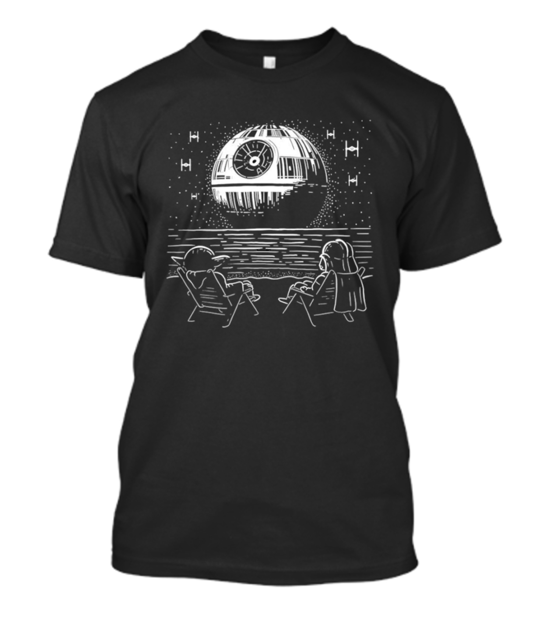 Yoda And Vader Relaxing By The Beach With Death Star In The Sky T-Shirt