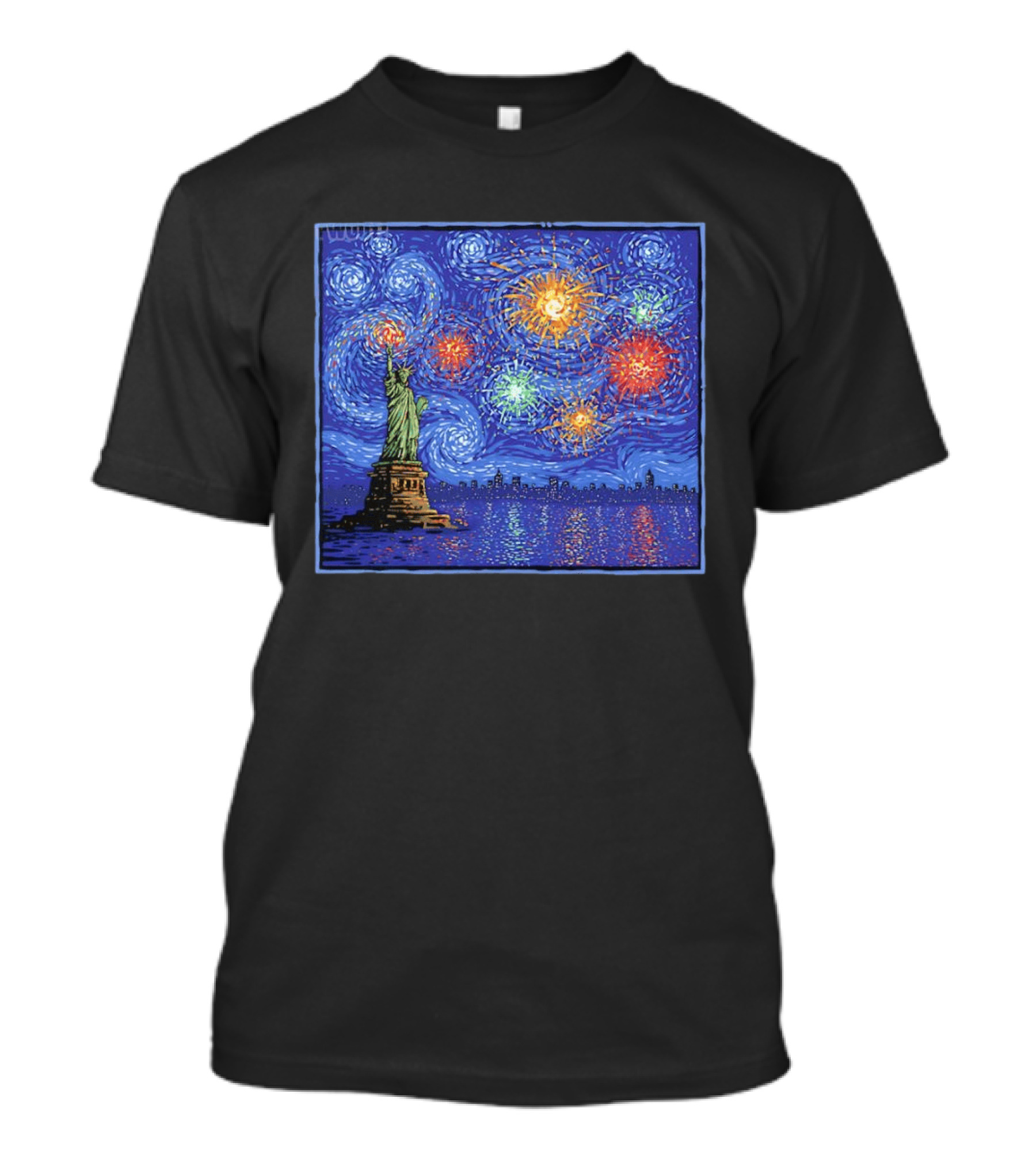 Fireworks Over Statue Of Liberty In Van Gogh Starry Night T-Shirt