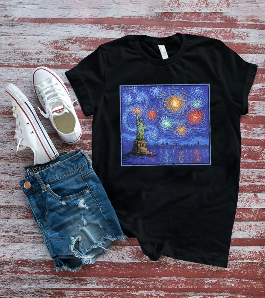 Fireworks Over Statue Of Liberty In Van Gogh Starry Night T-Shirt