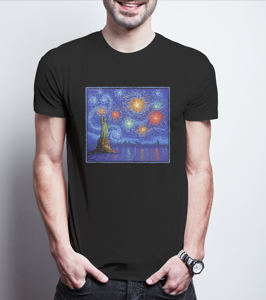 Fireworks Over Statue Of Liberty In Van Gogh Starry Night T-Shirt