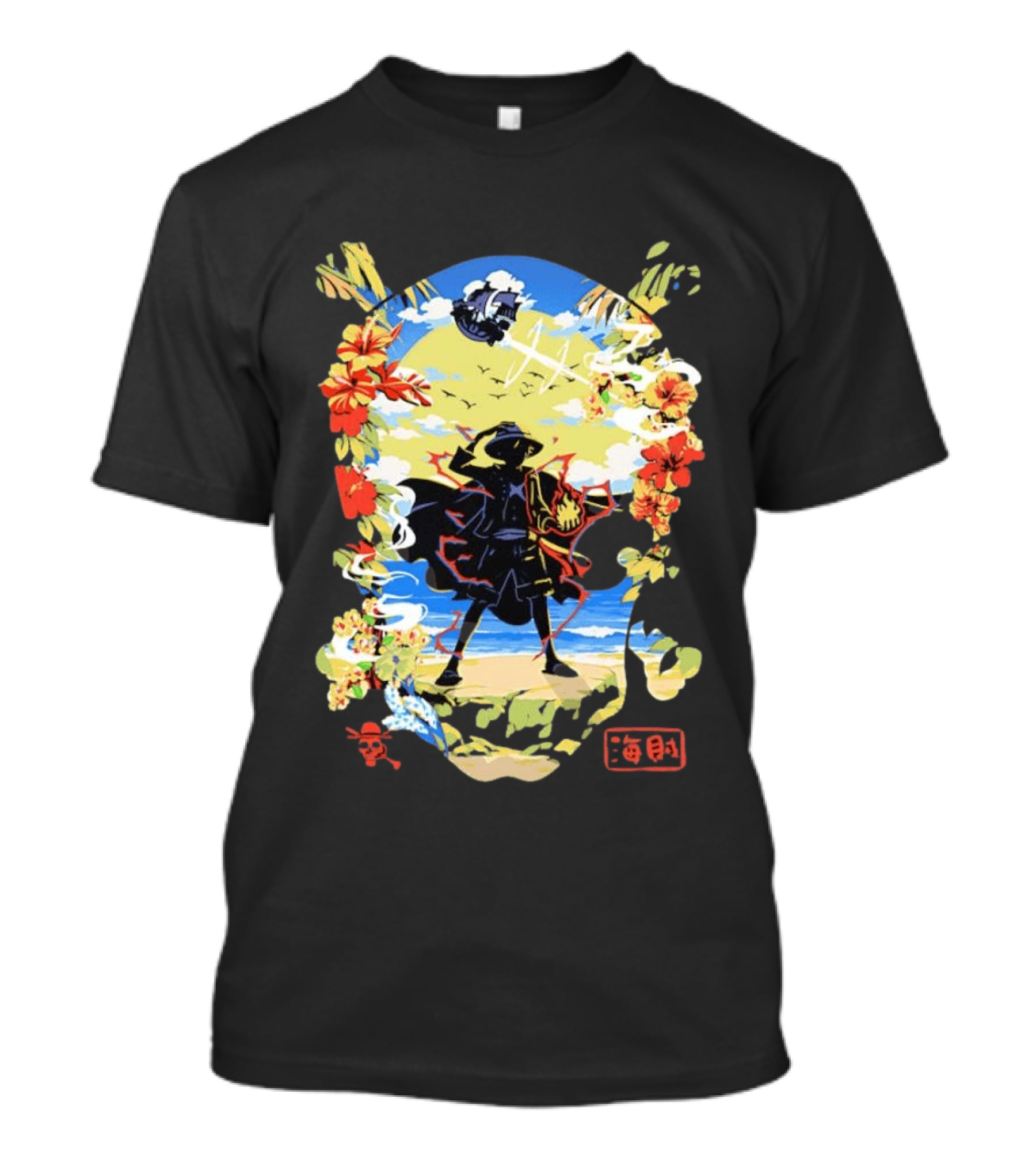 Monkey D Luffy One Piece Hat Pirate Beach Scene Floral Surrounding T-Shirt