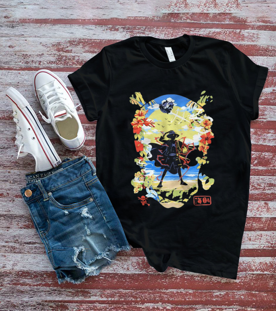 Monkey D Luffy One Piece Hat Pirate Beach Scene Floral Surrounding T-Shirt