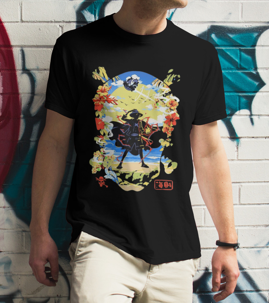 Monkey D Luffy One Piece Hat Pirate Beach Scene Floral Surrounding T-Shirt