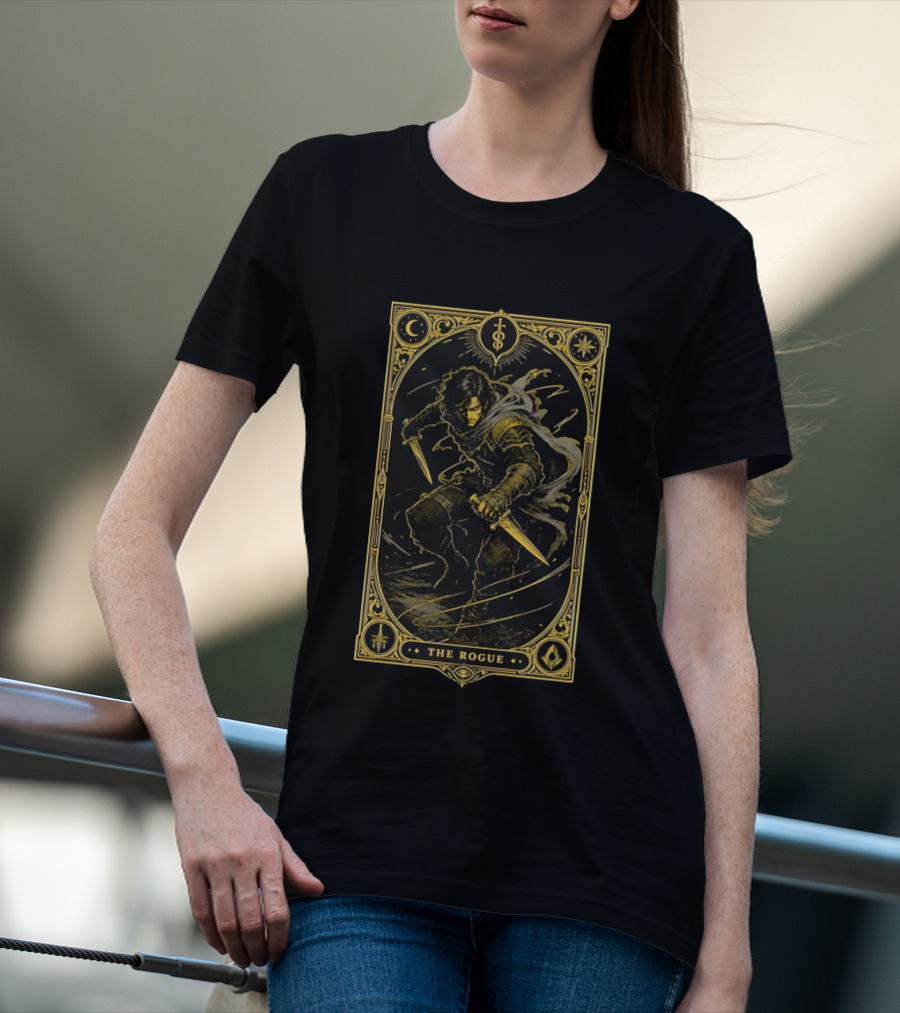 The Rogue Fantasy Tarot Card Dungeons And Dragons Moon Daggers Cloak T-Shirt