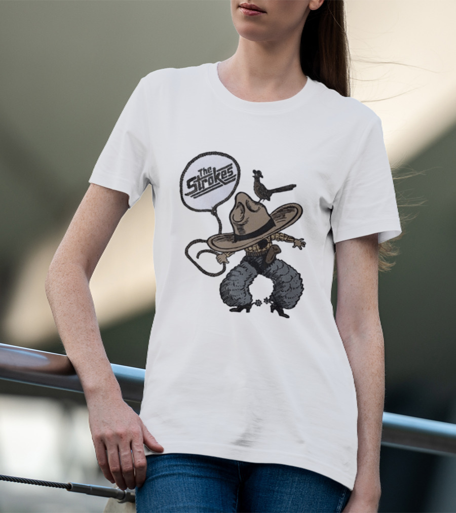 The Strokes Tour 2026 Illustrated Cowboy Holding Lasso With Bird And Cowboy Hat T-Shirt