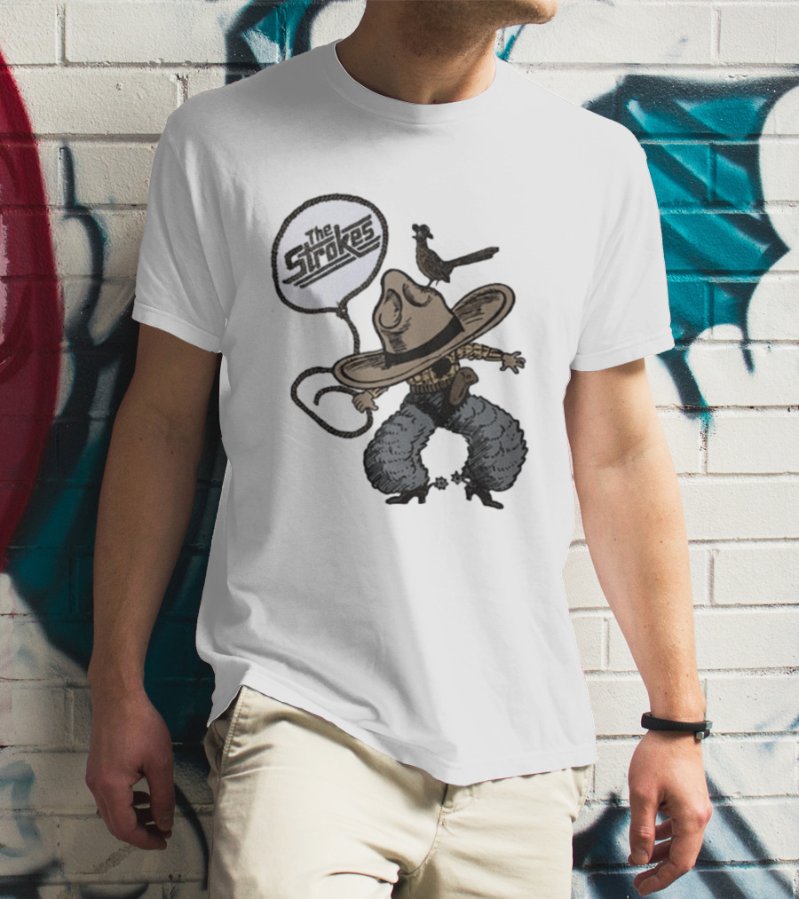 The Strokes Tour 2026 Illustrated Cowboy Holding Lasso With Bird And Cowboy Hat T-Shirt