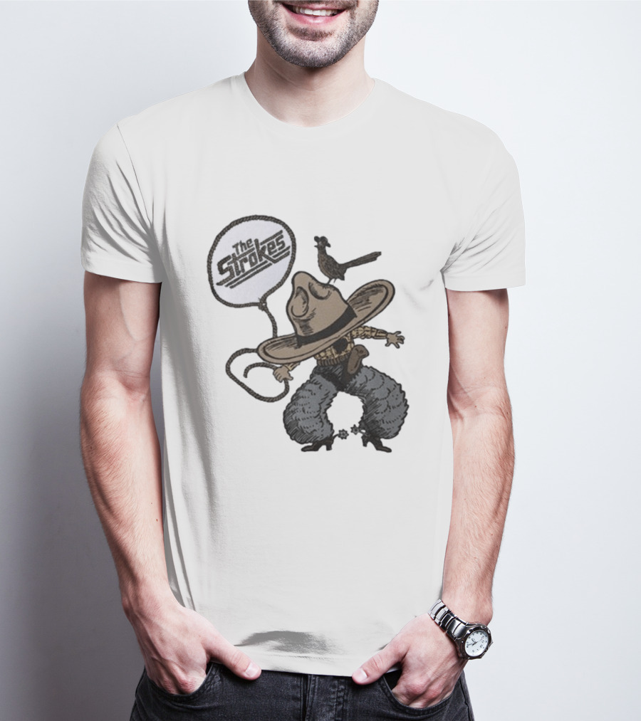 The Strokes Tour 2026 Illustrated Cowboy Holding Lasso With Bird And Cowboy Hat T-Shirt