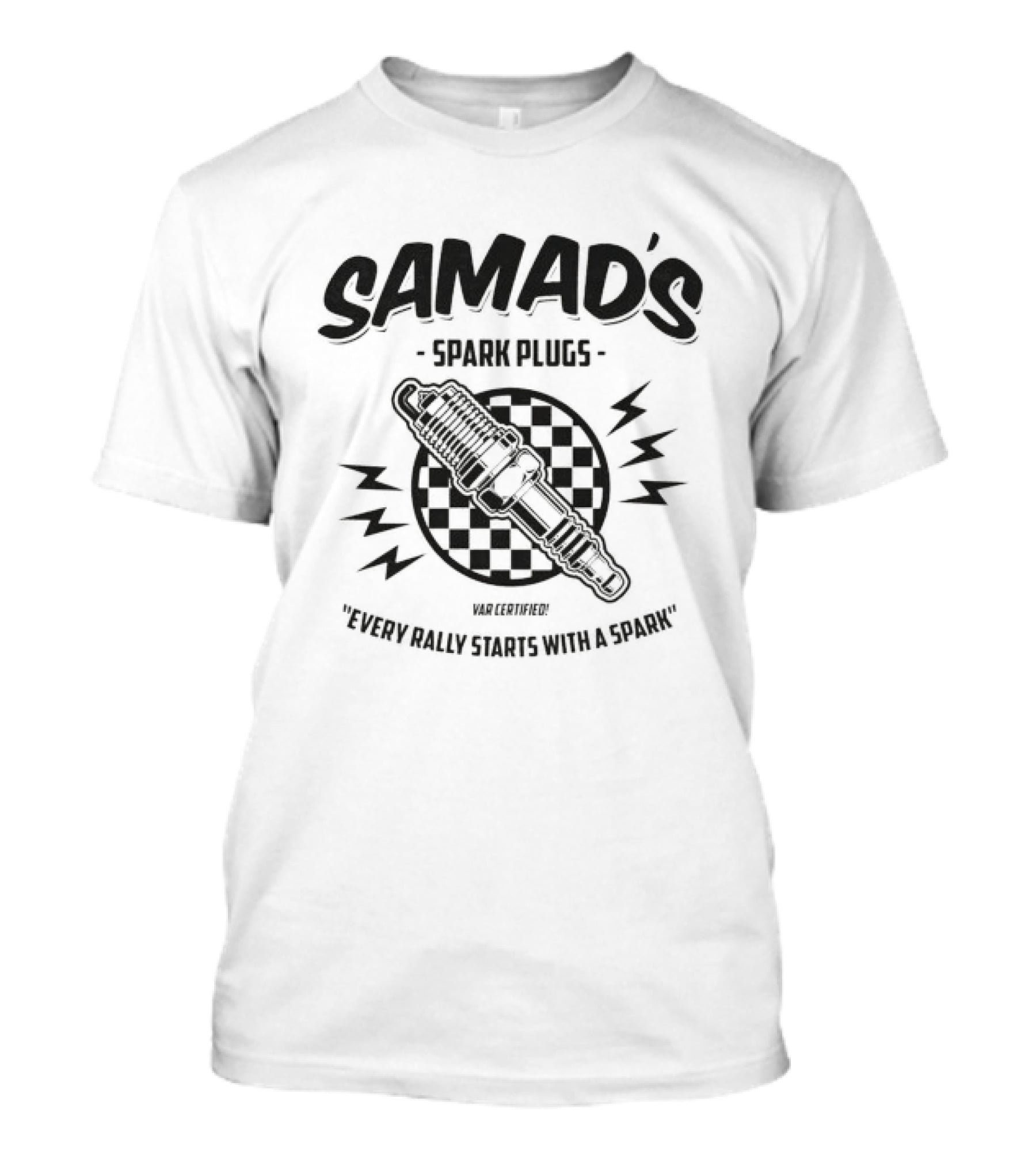 Samad's Spark Plugs Every Rally Starts With A Spark Racing Checkered Spark Plug T-Shirt